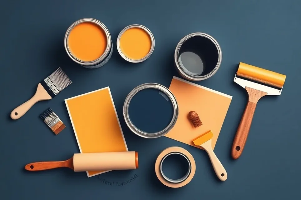 Pots de peinture, nuancier, brosses et rouleaux disposés à plat