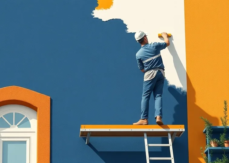 Peintre sur échafaudage traitant la façade d'une maison