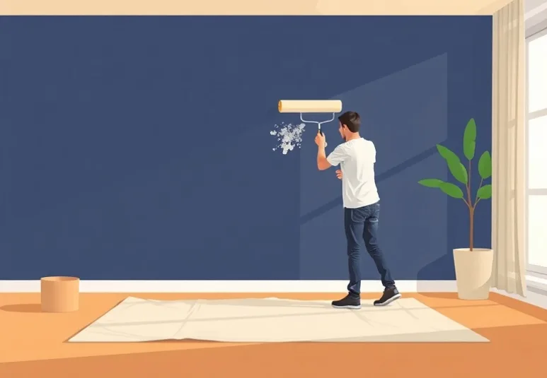 Peintre appliquant la peinture au rouleau sur un mur de salon